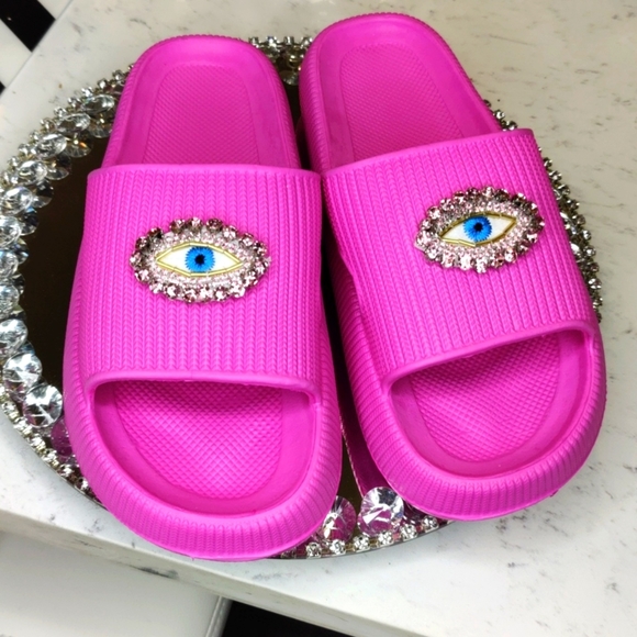 Pink Rhinestone Evil Eye Slides - Picture 1 of 6